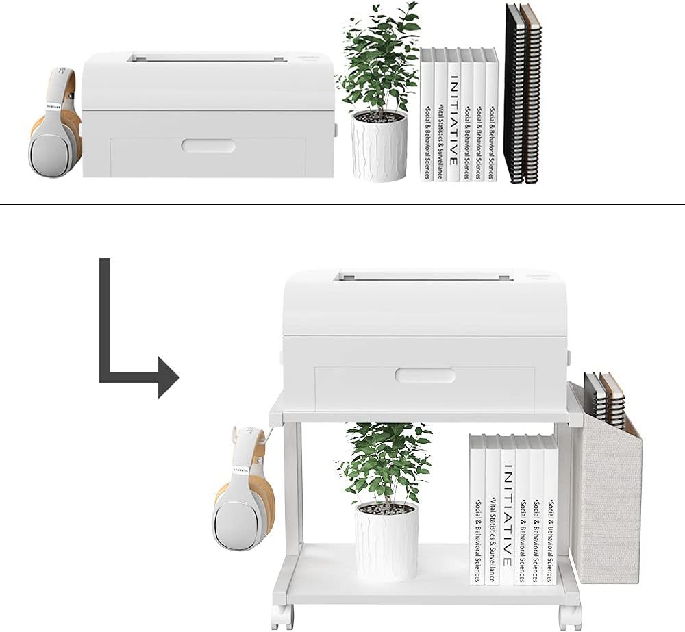VEDECASA 2 Tier Modern White Wooden Under Desk Printer Stand with Storage Bag for Home Office Desktop Printer Table Organizer Mobile Printer Shelf Cart with Caster Wheel (White) - Image 6